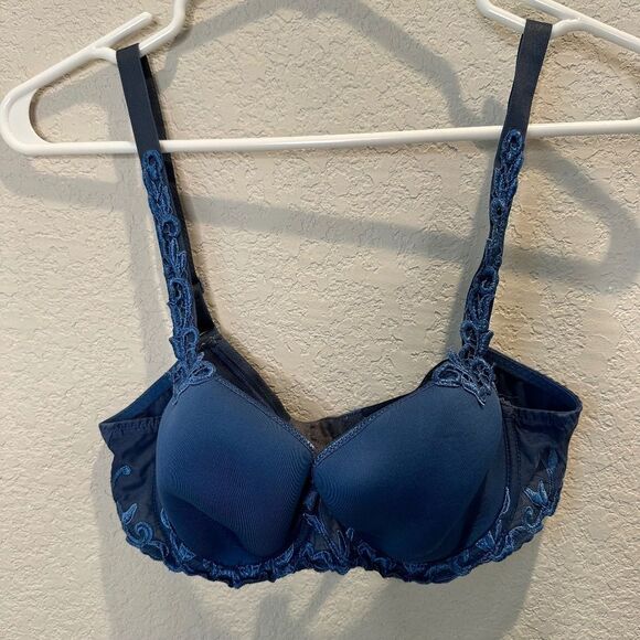 Simone Perele Navy Blue Floral Padded Full Coverage Bra - Size 34C - EUC - Picture 1 of 6